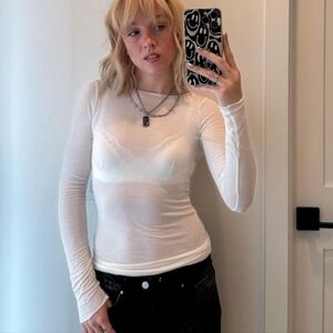 Zara Boatneck Semi Sheer Long Sleeve Tee Top M